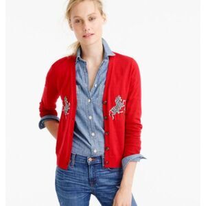 J. Crew NWOT Red 100% Merino Wool Zebra Novelty Print Cardigan Sweater Size S